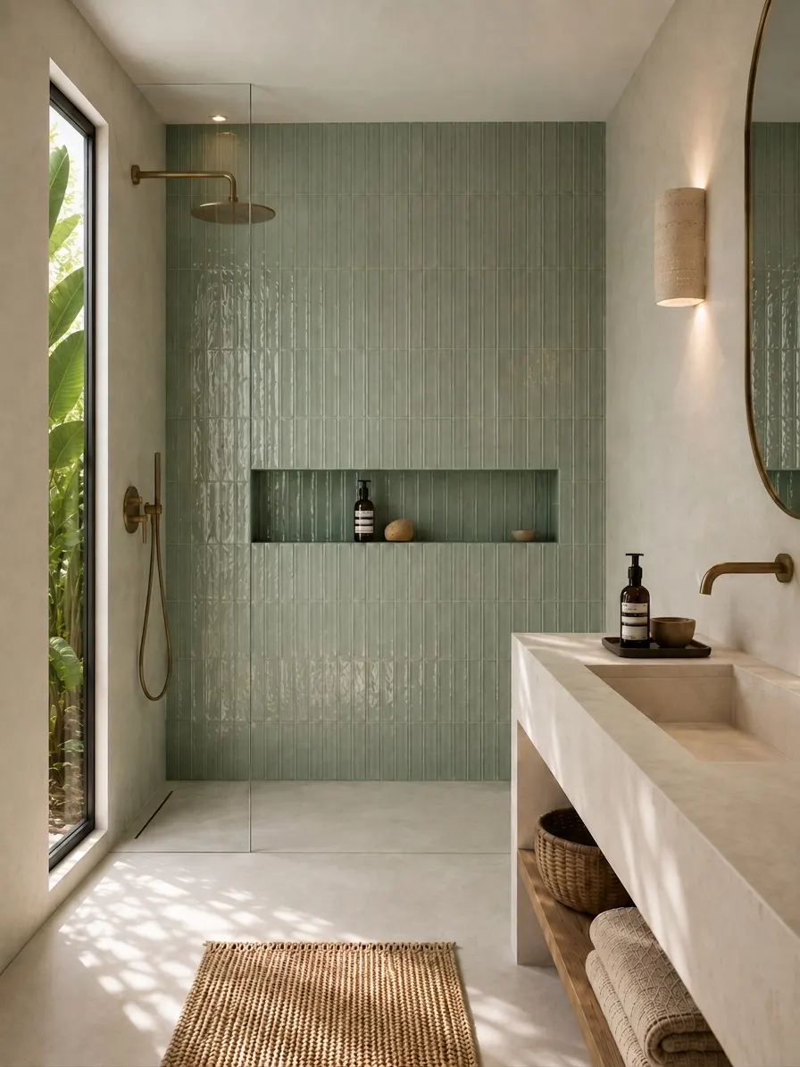 Walk-in shower in ribbed plaster with a recessed niche and a round mirror
