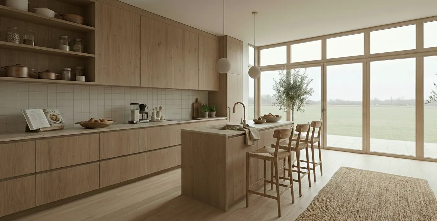 Long kitchen run with open shelving facing a wall of glazing