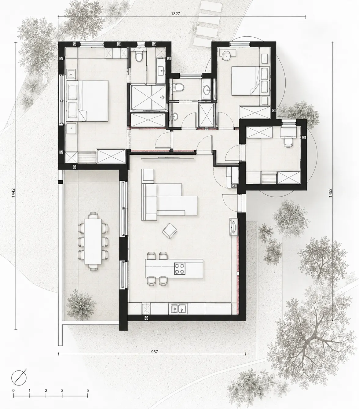 Floor plan of the house with the furniture layout drawn in