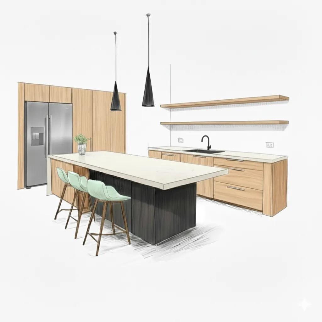 Early concept sketch of the kitchen island and its elevation