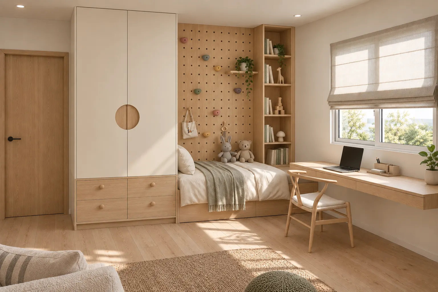 Material board for the kitchen: oak, stone, brass and paint samples beside the elevations