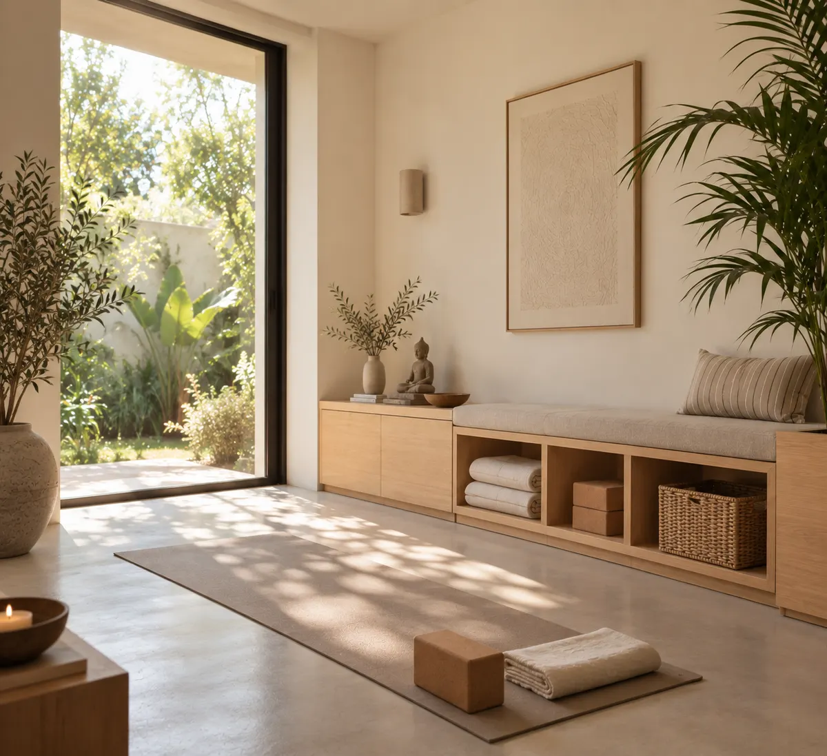 Living room with a built-in oak bench running to full-height garden doors