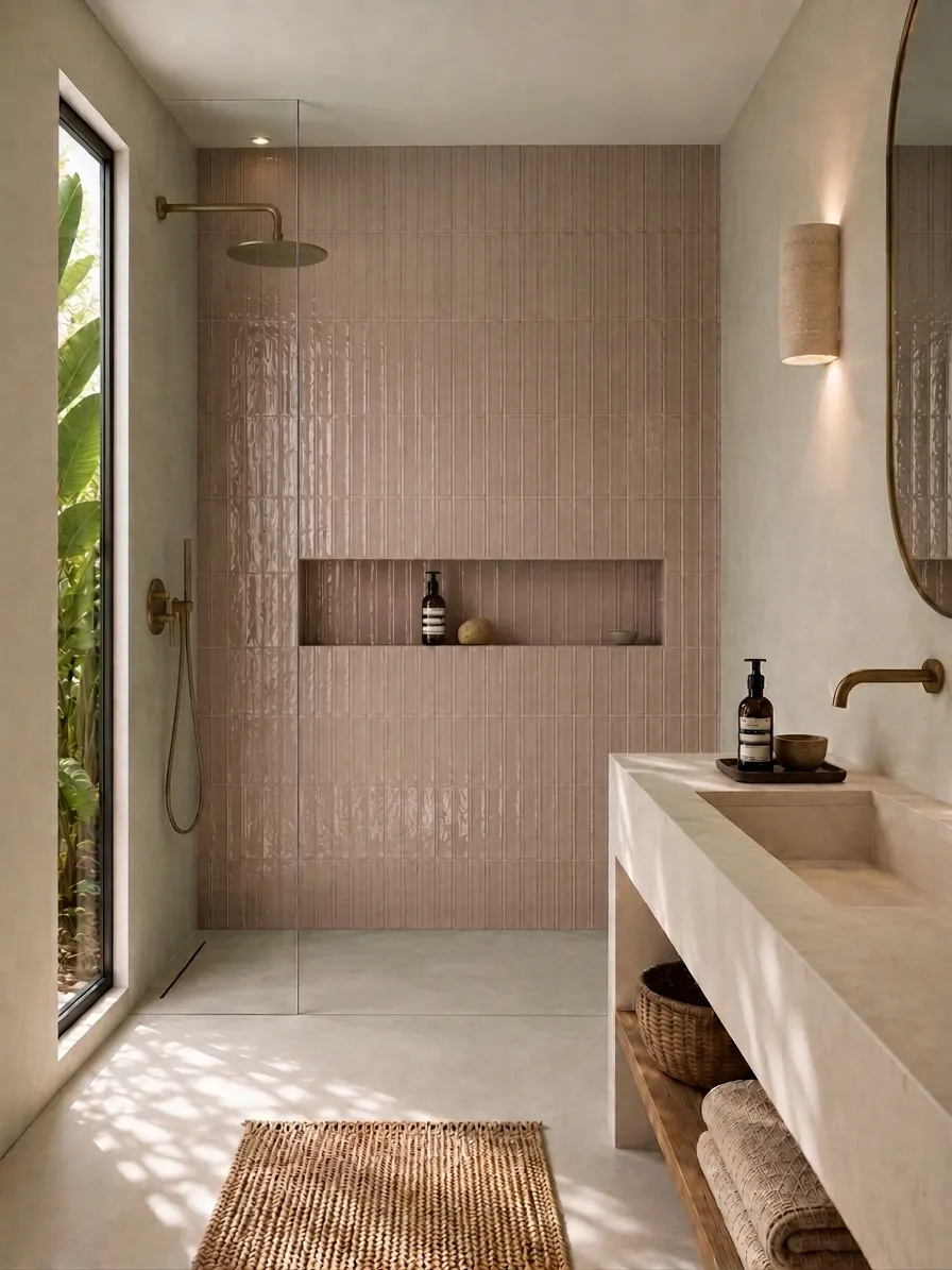 Baño en microcemento cálido con lavabo macizo de piedra y alfombra trenzada