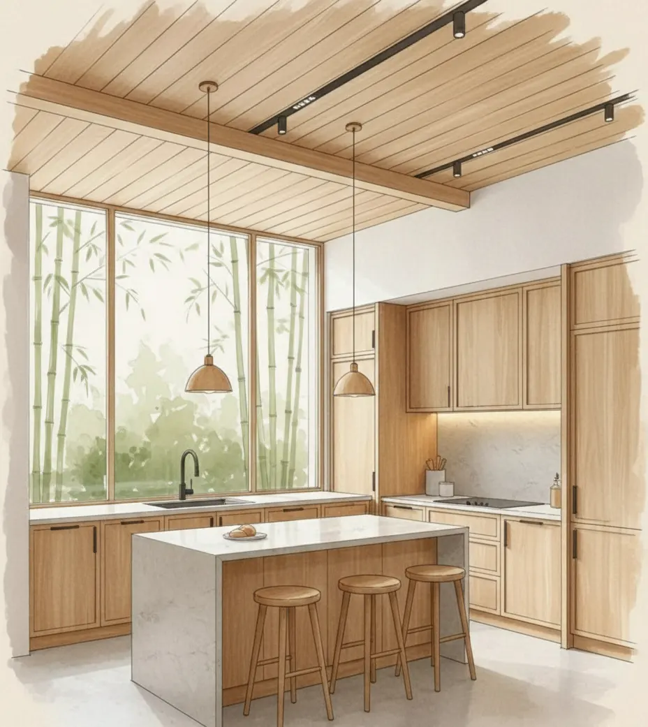Cocina de madera con isla de piedra bajo techo de listones y luz cenital