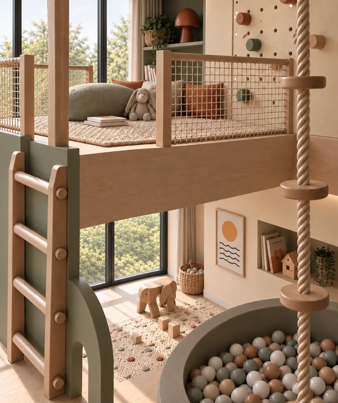 Habitación infantil con rocódromo, escalera de cuerda y piscina de bolas