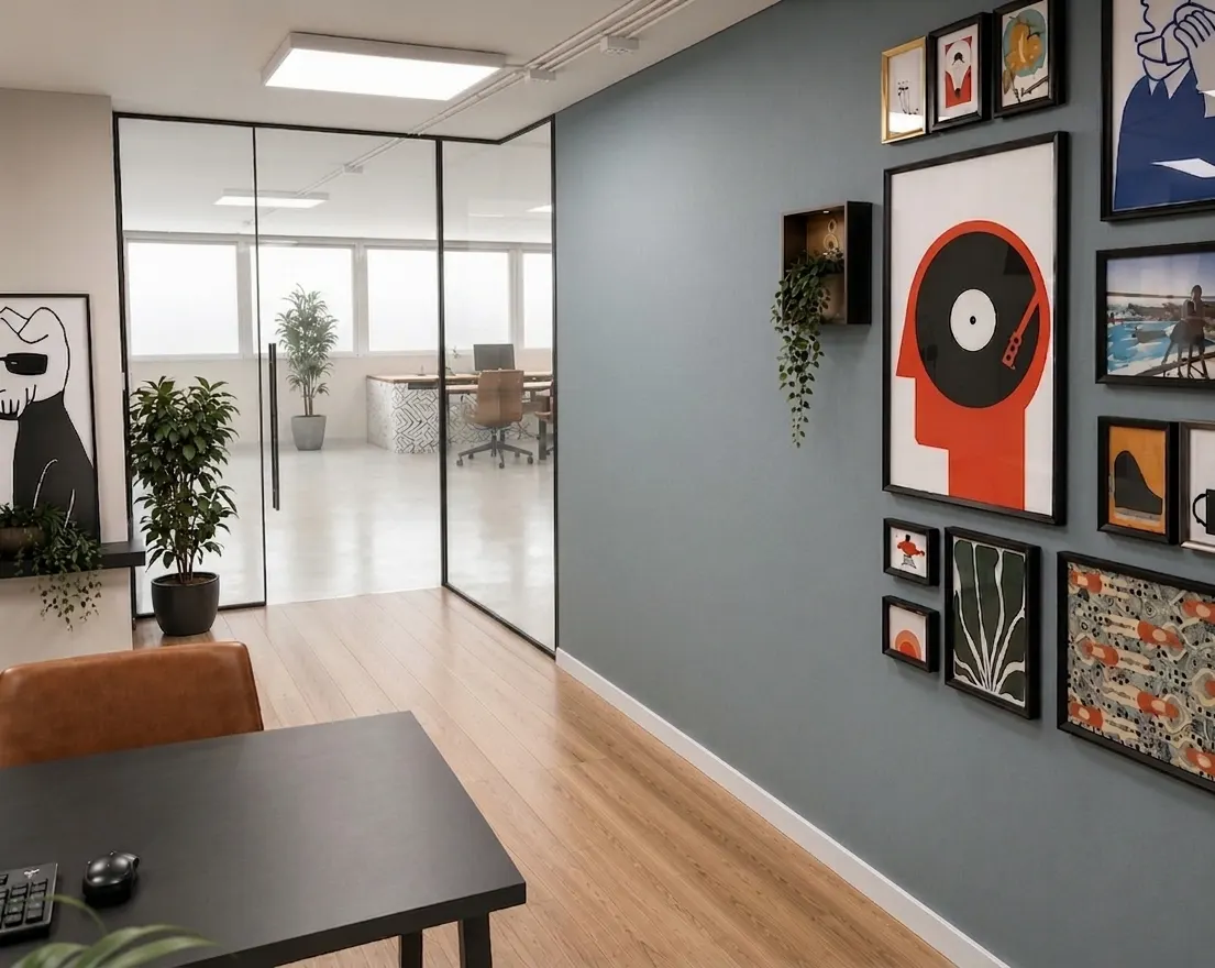Pasillo de oficina con pared galería densa y salas acristaladas