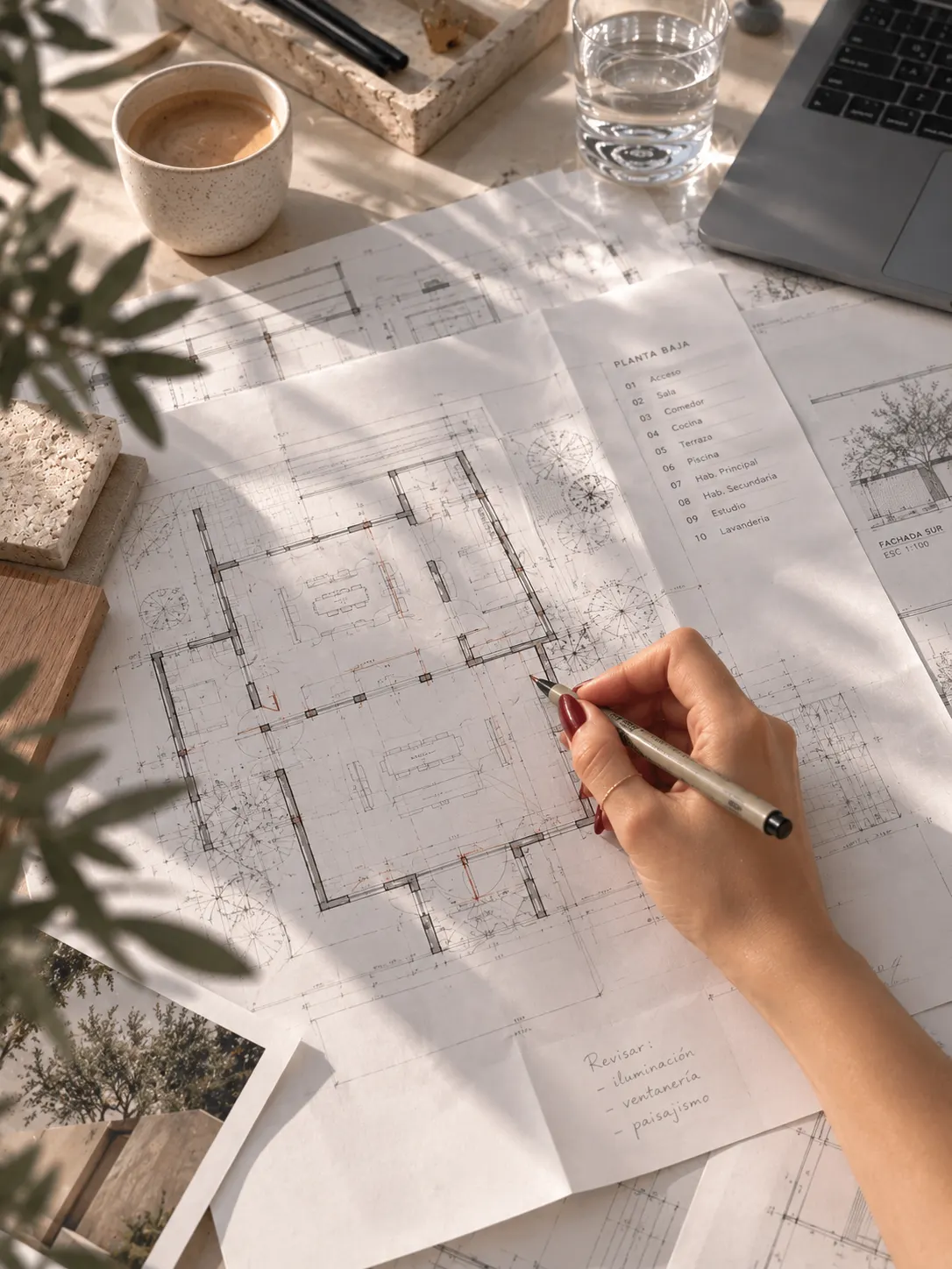 Mano dibujando un plano arquitectónico sobre la mesa del estudio